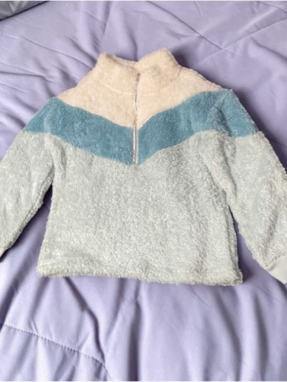Cozy Colorblock Sherpa Pullover Jacket - Light Blue & Cream